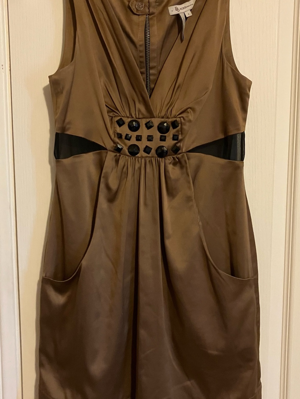 BCBGeneration Brown Sleeveless Satin Midi Dress with Beaded Waist